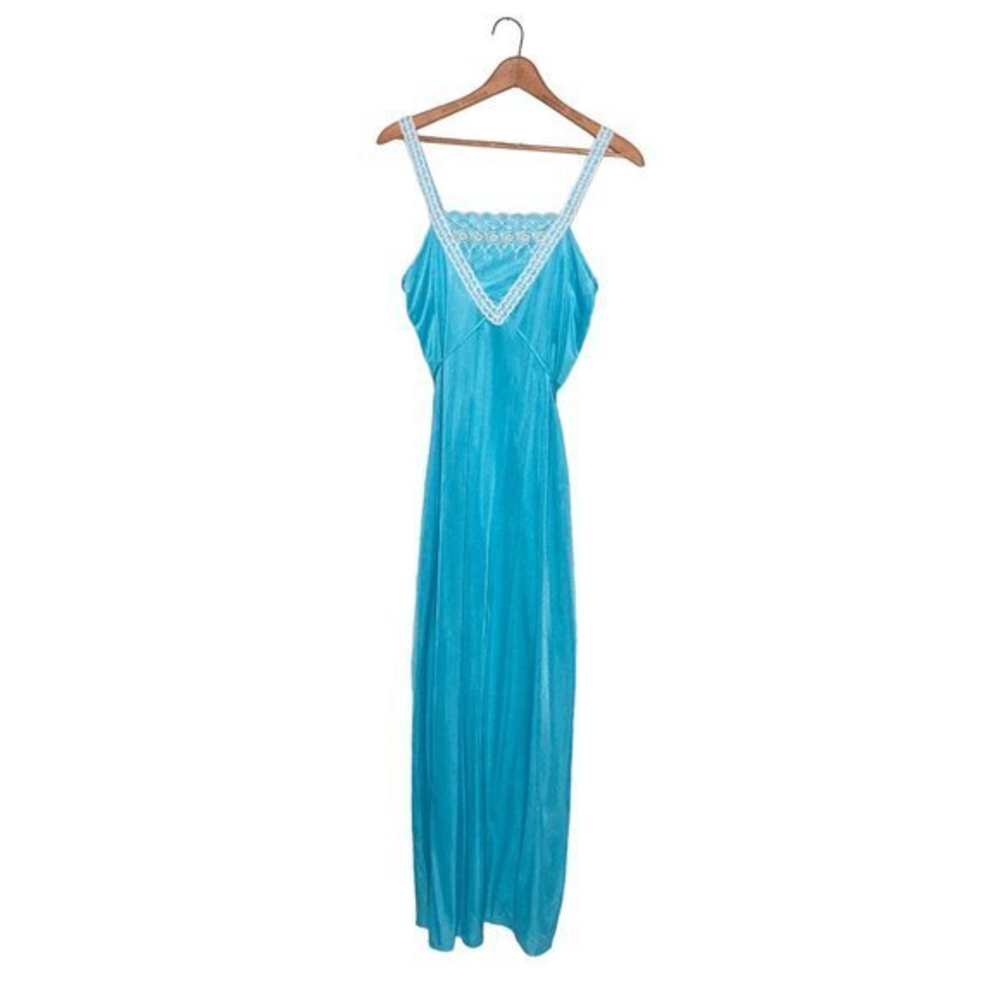 Vintage 60s 70s Undercover Wear M Turquoise Embroidered Maxi Nightgown Gown‎